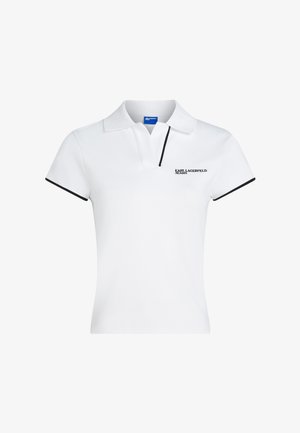 Weißes Kurzarm-Poloshirt mit schwarzer Einfassung an Ärmeln und Kragen, mit dem "Karl Lagerfeld Jeans"-Logo auf der Brust.