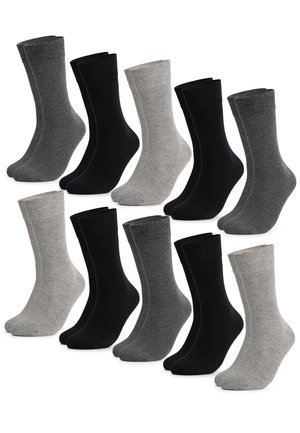 Twelve pairs of crew-length socks arranged in two rows, in black, dark gray, and light gray colors.