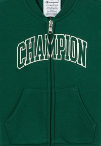 Groene hoodie met rits gemaakt van zachte stof met een buidelzak. "Champion"-logo in wit over de borst. Maat: 12 maanden.