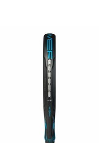 Ski with a black body, blue accents, tapered shape, and visible hardware. Features grooves along the length for grip and control.