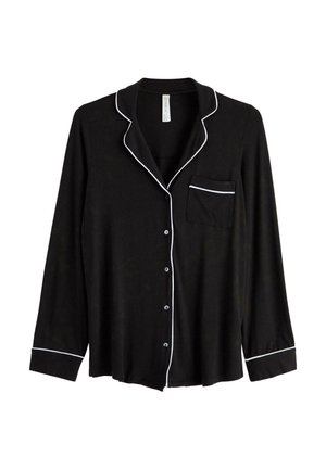 Black pajama shirt with white piping, long sleeves, and a single chest pocket. Features button closure and smooth fabric texture.