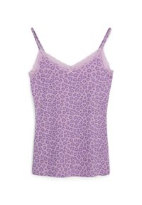 Camisola viola con motivo a stampa leopardata, con un delicato bordino in pizzo lungo il scollo e spalline regolabili.
