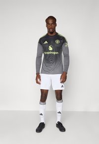 Graues Langarm-Fußballtrikot mit schwarzen Grafiken und grünen Akzenten, kombiniert mit weißen Shorts und kniehohen weißen Socken mit schwarzen Streifen.