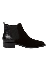 Stivaletti neri alla caviglia con tomaia in suede, dettagli in pelle con motivo coccodrillo, pannelli elastici laterali e tacco basso a blocco. Texture liscia.