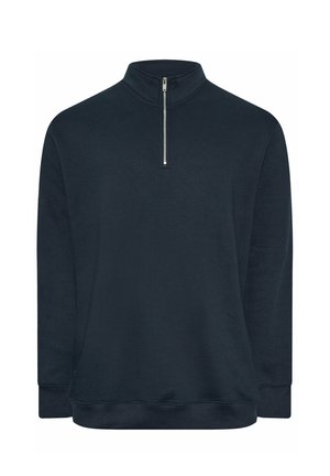 Marineblauwe pullover met lange mouwen, een opstaande kraag en een zilveren ritssluiting van een kwart lengte middenvoor.