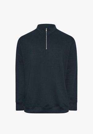 Jersey de manga larga azul marino con cuello alto y cremallera plateada de un cuarto de longitud en el centro delantero.