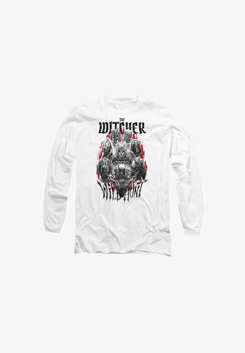 Weißes Langarmshirt mit einem schwarzen und roten Grafikdesign, das den Titel "The Witcher" sowie Kreaturenmotive auf der Vorderseite zeigt.