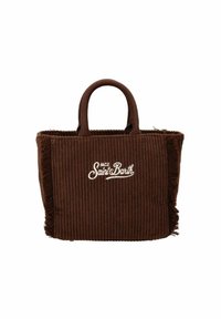 Bruine corduroy schoudertas met franjes, voorzien van dubbele ronde handvaten en "MC2 Saint Barth" geborduurd aan de voorkant.