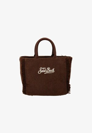 Sac fourre-tout en velours côtelé marron avec des franges, comportant deux poignées arrondies et "MC2 Saint Barth" brodé sur le devant.