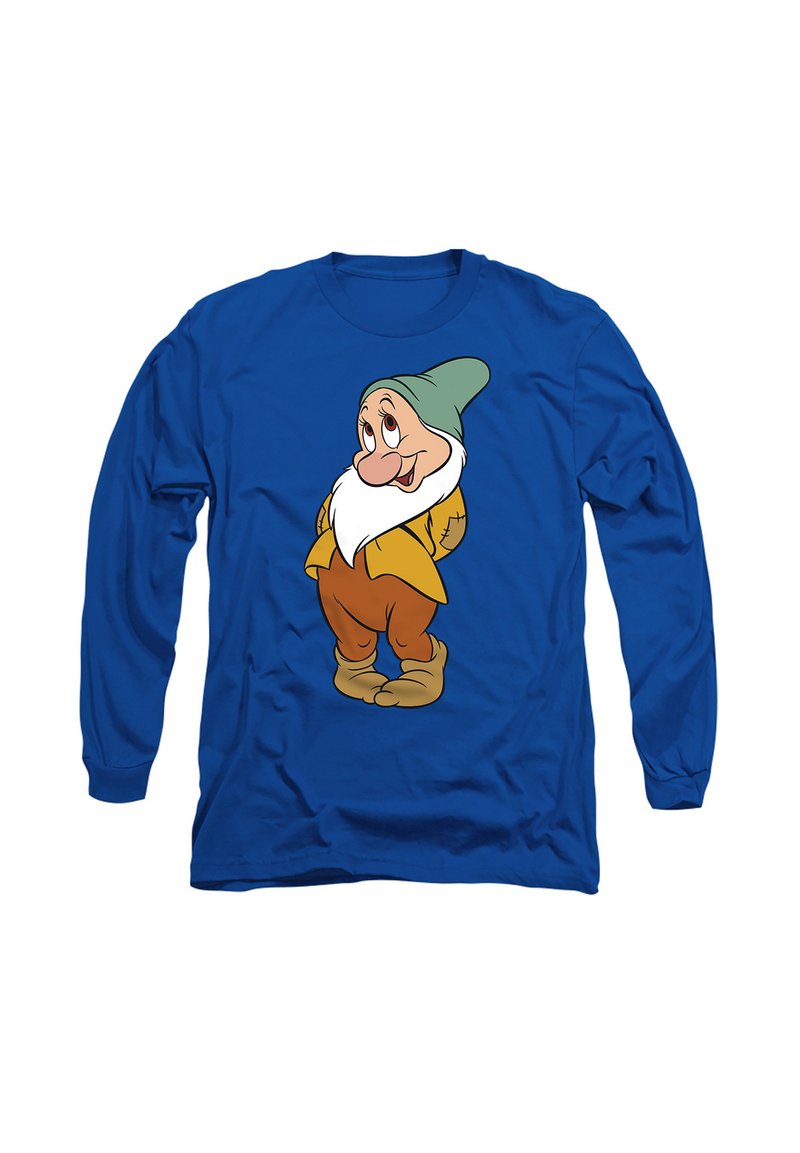 Blue long-sleeve shirt featuring a cartoon dwarf with a green hat, yellow shirt, brown pants, and a white beard, smiling with arms crossed.