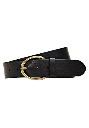 Zwarte leren riem met een gouden ovale gesp, opgerold met zichtbare verstelgaatjes en een leren riemlus.