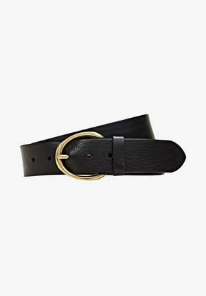 Ceinture en cuir noir avec une boucle ovale dorée, présentée enroulée avec des trous de réglage visibles et une boucle en cuir.