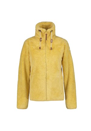 Gelbe Fleecejacke mit hohem Kragen, vorderem Reißverschluss und zwei Taschen. Verfügt über Zugbänder mit Knebel und einen weichen, strukturierten Stoff.