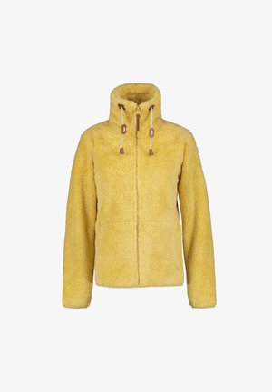 Geel fleecejack met hoge kraag, voorritssluiting en twee zakken. Voorzien van toggles op de trekkoorden en een zachte, gestructureerde stof.