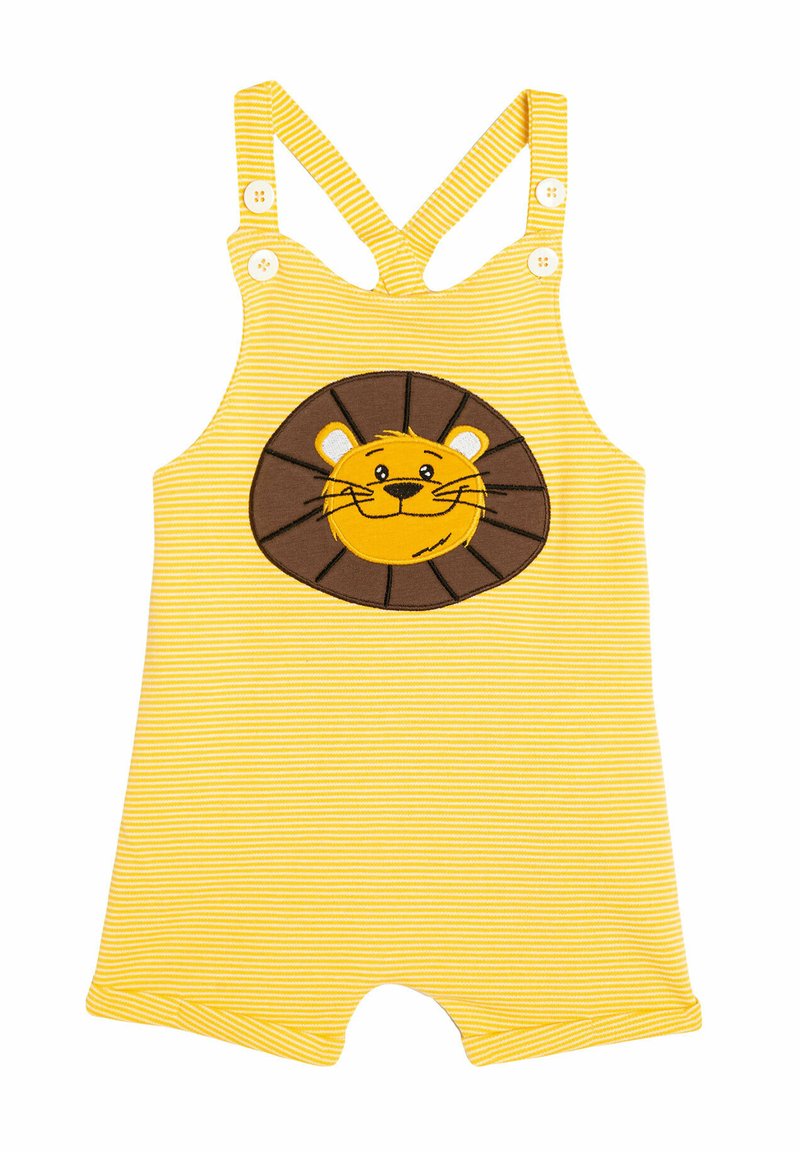 Mono de franjas amarillas con piernas cortas. Presenta un parche en forma de cara de león en marrón y amarillo en el frente, con tirantes cruzados y cierres de botón.