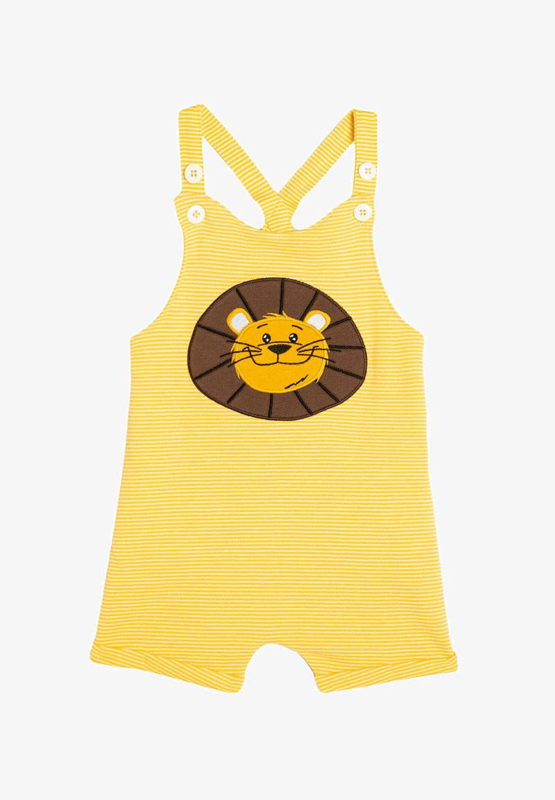 Gul randig rompers med korta ben. Har en patch med lejonansikte i brunt och gult framtill, med korskorsade remmar och knäppningar.