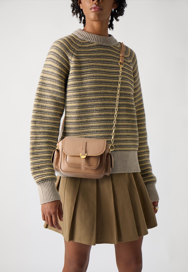 Tan leather crossbody bag with gold hardware, featuring a flap closure and side pockets. Model wearing striped sweater and pleated skirt.