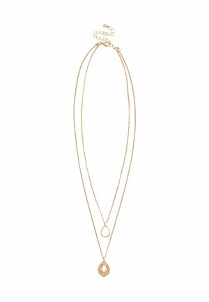 Gold-tone layered necklace with two chains. The top chain features a teardrop pendant, while the lower has a decorative filigree pendant.