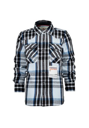 Flanellen overhemd met een blauw, zwart en wit ruitpatroon, twee borstzakken en een stoffen label aan de rechterkant.