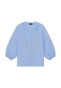 Camicia blu chiaro con bottoni realizzata in un tessuto morbido, caratterizzata da maniche a sbuffo e ricami floreali sulla manica sinistra.