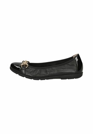 Black flat shoes with a glossy patent toe, textured black upper, gold chain accent, and a flexible black sole.