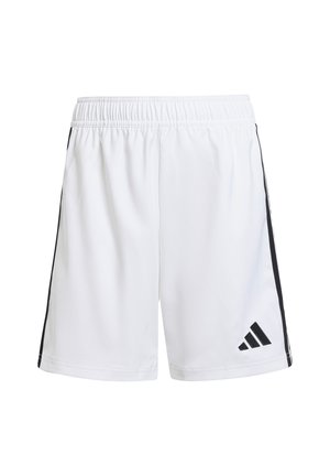 Weiße Sportshorts mit elastischem Bund, mit schwarzen Seitestreifen und einem schwarzen Adidas-Logo auf der linken Seite. Leichtes Material.