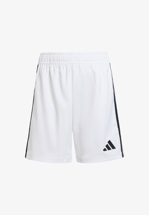 White athletic shorts with elastic waistband, featuring black side stripes and a black Adidas logo on the left side. Lightweight fabric.