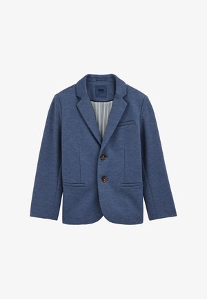 Blå skræddersyet blazer med hakkrave, to brune knapper, forlommer og stribet inderside, vist på hvid baggrund.
