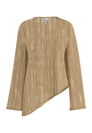 Langærmet guldmetallic striktrøje med rund halsudskæring og asymmetrisk kant, med et åbent vævemønster.