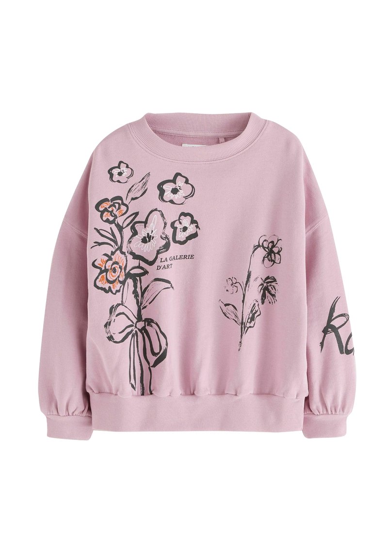 Felpa rosa realizzata in morbido tessuto, con motivi floreali neri e scritte sul fronte. Orlo ed elastici ai polsi, vestibilità ampia.