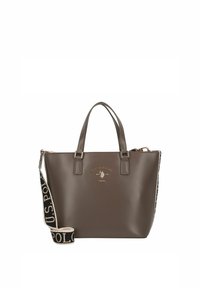 Bolso tote sintético gris con asas dobles, detalles de logo dorado y una correa estampada desmontable. Textura suave y forma estructurada.