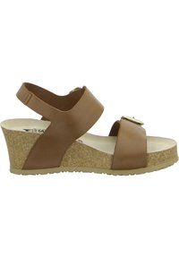 Bruine wedge sandalen met twee brede banden, verstelbare achterband, kurken tussenzool, gemarmerde rubberen buitenzool en metallic accentdetail.
