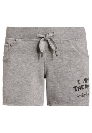 Szare spodenki ze ściągaczem i bocznymi kieszeniami, na dolnej prawej nogawce czarny napis „I am the one”.