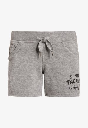 Szare spodenki ze ściągaczem i bocznymi kieszeniami, na dolnej prawej nogawce czarny napis „I am the one”.