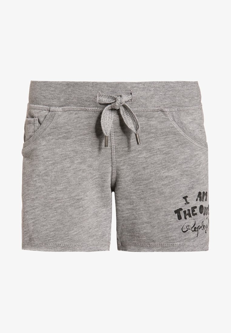 Szare spodenki ze ściągaczem i bocznymi kieszeniami, na dolnej prawej nogawce czarny napis „I am the one”.