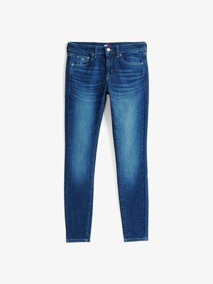 Blauwe skinny jeans van denim met vervagingen op de dijen, vijf-pocket stijl, met knoop- en ritssluiting, plat weergegeven op een witte achtergrond.