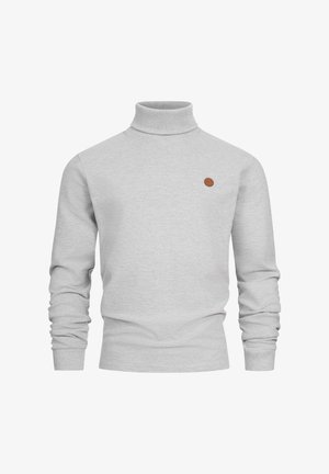 Grijze coltrui gemaakt van een zachte, geribbelde stof. Heeft lange mouwen en een klein bruin leren logo-label op de borst.