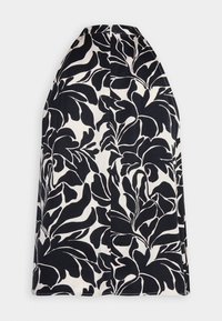 Top senza maniche in bianco e nero con motivo floreale, realizzato in tessuto leggero. Orlo curvo con cuciture decorative lungo i bordi.