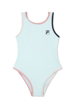 Costume intero senza maniche color azzurro chiaro con rifiniture rosa, beige e blu navy scuro e un piccolo logo FILA sul petto.