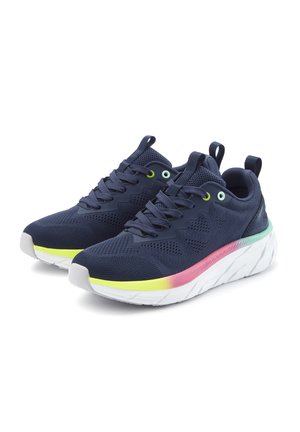 Pair of navy blue athletic shoes with mesh upper, multicolor gradient midsole in yellow, pink, and teal, and white textured outsole.