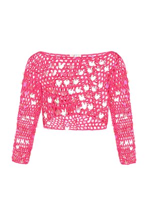 Fuchsia cropped sweater met een gebreid ontwerp, voorzien van een brede halslijn en lange mouwen. Versierd met ronde pailletten overal.