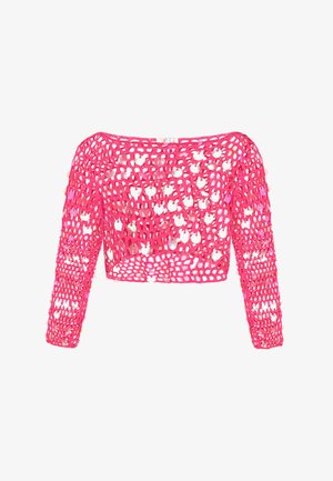 Fuchsia cropped sweater met een gebreid ontwerp, voorzien van een brede halslijn en lange mouwen. Versierd met ronde pailletten overal.