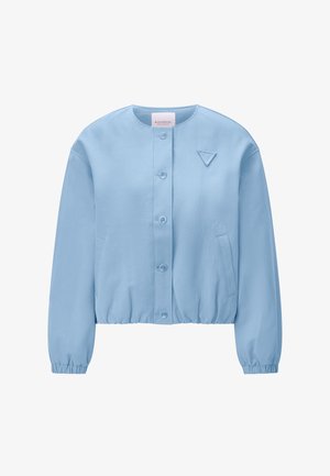 Light blue button-up jacket with round neckline, elastic cuffs and hem, two front pockets, and a small triangular patch on the chest.