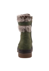 Green ankle boot with faux fur trim, zip closure, and rubber sole. Stamped logo on strap. Soft texture with a durable, sturdy design.