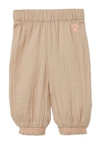 Lichtbeige katoenen broek met textuurstof, elastische tailleband en gathered enkelmanchetten. Bevat een kleine roze schelp borduursel op de heup.