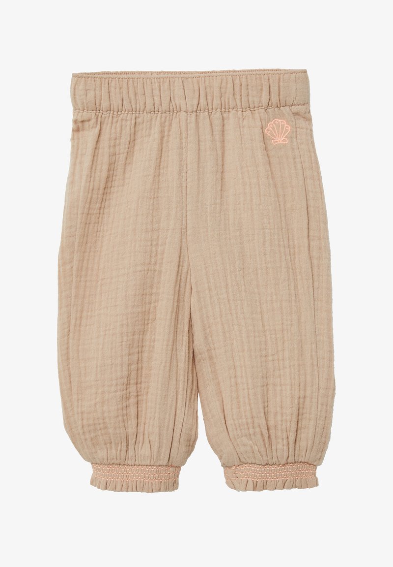 Lichtbeige katoenen broek met textuurstof, elastische tailleband en gathered enkelmanchetten. Bevat een kleine roze schelp borduursel op de heup.