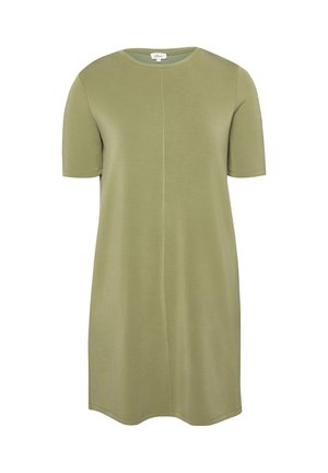 Krótka, oliwkowozielona sukienka na co dzień z krótkimi rękawami i okrągłym dekoltem, z centralnym przeszyciem jako detalem.