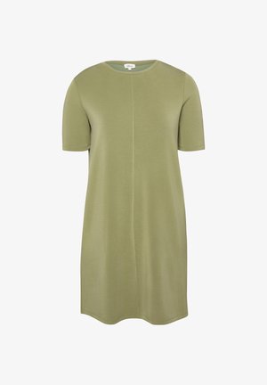 Krótka, oliwkowozielona sukienka na co dzień z krótkimi rękawami i okrągłym dekoltem, z centralnym przeszyciem jako detalem.
