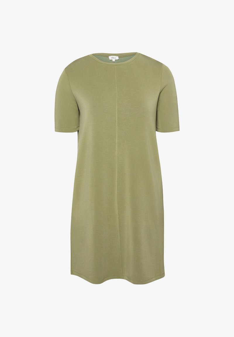 Krótka, oliwkowozielona sukienka na co dzień z krótkimi rękawami i okrągłym dekoltem, z centralnym przeszyciem jako detalem.