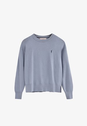 Maglione a maglia blu chiaro con scollatura a girocollo, polsini a coste e un piccolo logo ricamato sul petto. Tessuto morbido e vestibilità rilassata.